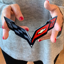 Load image into Gallery viewer, C7 Corvette Black Crossed Flag Metal Magnet Emblem Art Size: 6" x 4"