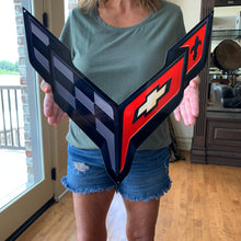 Load image into Gallery viewer, C8 Corvette BLACK Crossed Flag Wall Emblem Large Metal Art Full 20" by 19" 2020 +Later