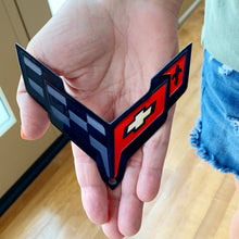 Load image into Gallery viewer, C8 Corvette BLACK Crossed Flag Metal Magnet Emblem Art 4.5" x 4.5" Cross 2020 + Later