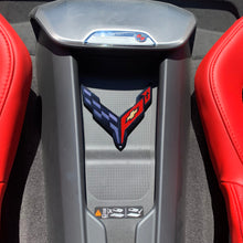 Load image into Gallery viewer, C8 Corvette Waterfall Wireless Phone Charging Bay BLACK Crossed Flag Emblem Size: 4.5" x 4.5"