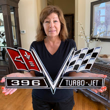 Load image into Gallery viewer, Chevrolet GM 396 V-Flag Large Wall Emblem Full 24" x 12" Cross Flag Steel Emblem
