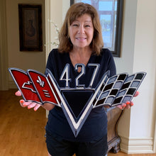 Load image into Gallery viewer, Chevrolet GM 427 V-Flag Large Wall Emblem Full 24" x 14.5" Cross Flag Steel Emblem