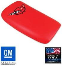 Load image into Gallery viewer, C5 Corvette Center Console Pad Torch Red Leather w/ Black Cross Flag Embroidered
