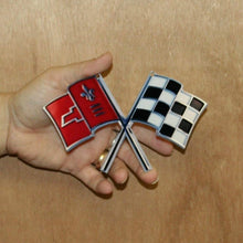 Load image into Gallery viewer, C2 Corvette Nose Crossed Flag Metal Magnet Emblem Art Size: 6" x 4" 65 thru 66