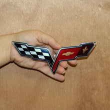 Load image into Gallery viewer, C6 Corvette Crossed Flag Metal Magnet Emblem Art Size: 6" x 2.5" Cross 05 - 13
