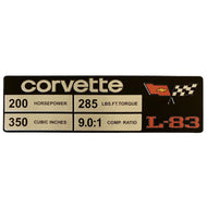 C3 Corvette Spec Data Plate Embossed in Scratch-Resistant Aluminum L-83 Engine 1982