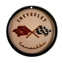 Load image into Gallery viewer, C1 Corvette Round Nose Crossed Flag Metal Magnet Emblem Art Size: 4&quot; 53 thru 55
