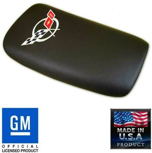 C5 Corvette Center Console Pad Lid Black Leather w/ Silver Cross Flag Emblem