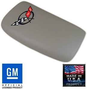 C5 Corvette Center Console Pad Lid Gray Leather w/ Black Cross Flag Emblem 97-04