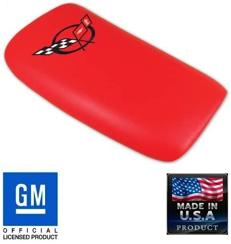 C5 Corvette Center Console Pad Torch Red Leather w/ Black Cross Flag Embroidered