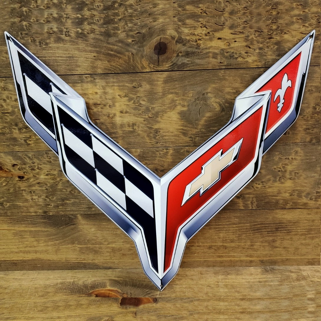 C6 Corvette Crossed Flag Wall Emblem Large Metal Art 05-13 Full 32" By 12" In Size Cross Flag - Foto 9